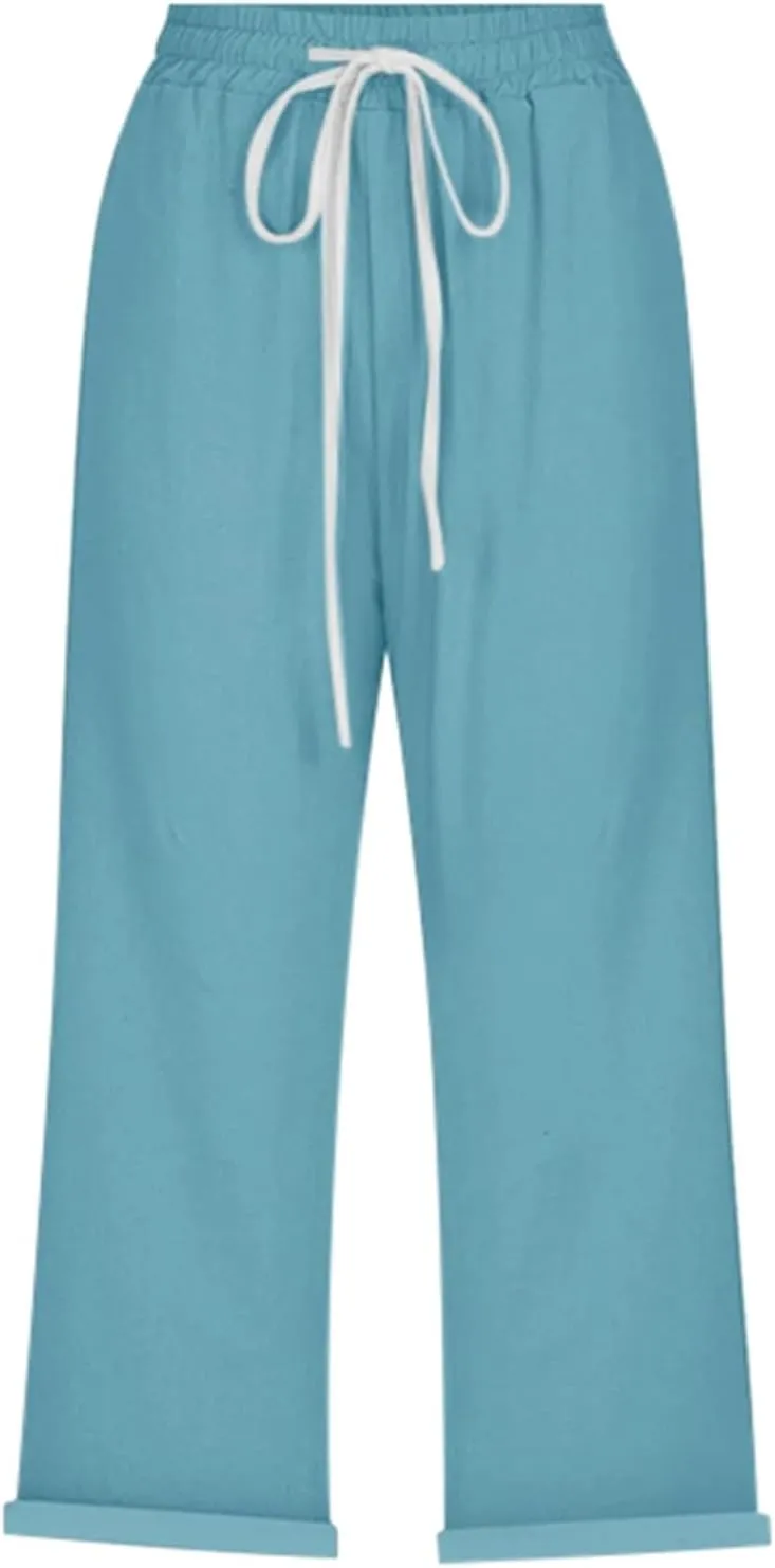 Capri Linen Pants for Women Summer Casual Lightweight Cropped Pant Plus Size Drawstring Trousers with Pockets