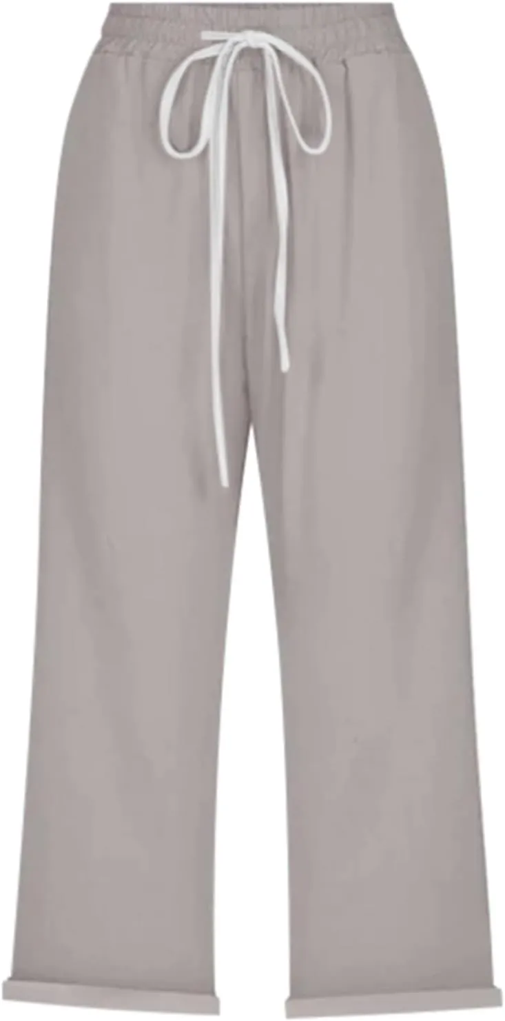 Capri Linen Pants for Women Summer Casual Lightweight Cropped Pant Plus Size Drawstring Trousers with Pockets