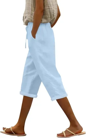 Capri Linen Pants for Women Summer Casual Lightweight Cropped Pant Plus Size Drawstring Trousers with Pockets