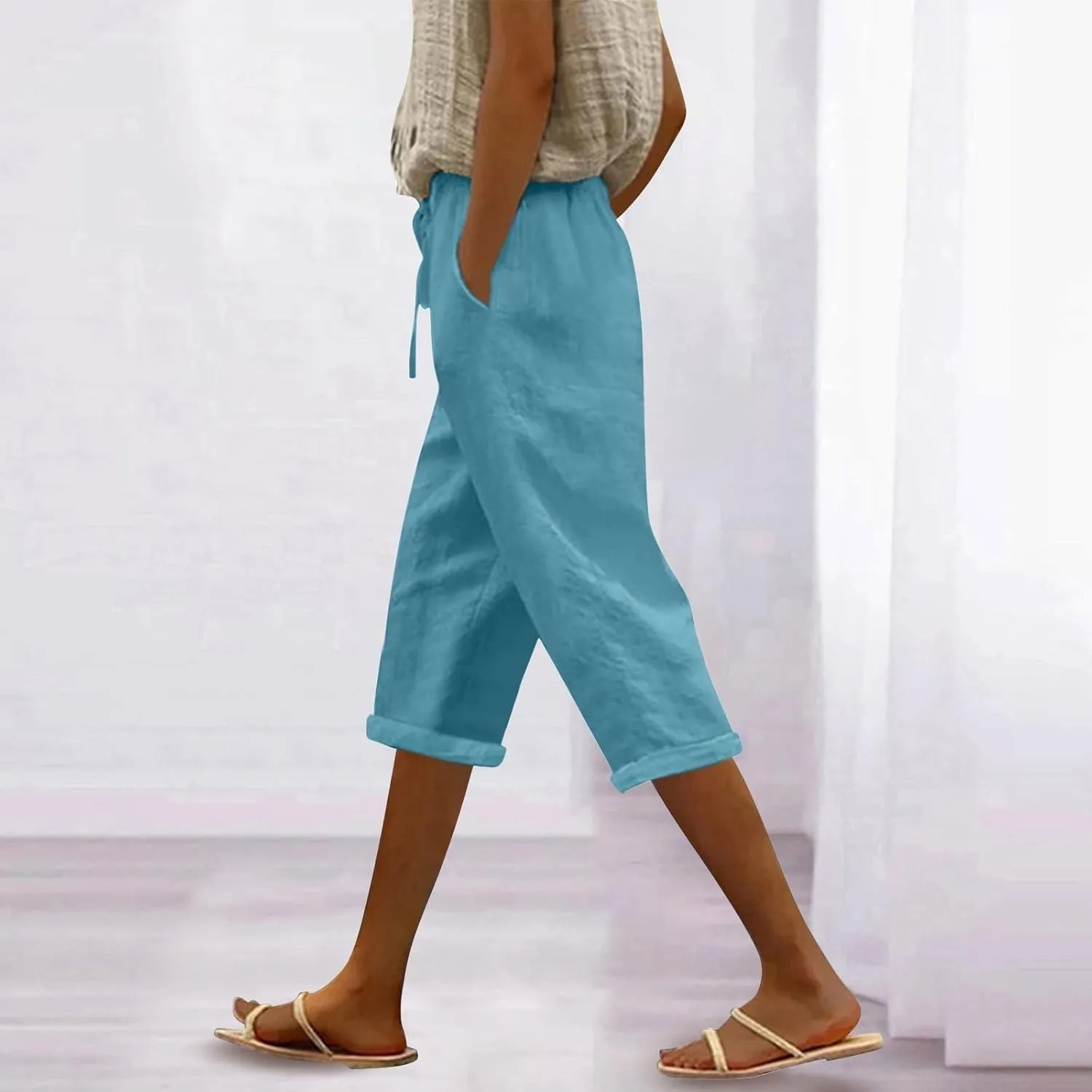Capri Linen Pants for Women Summer Casual Lightweight Cropped Pant Plus Size Drawstring Trousers with Pockets
