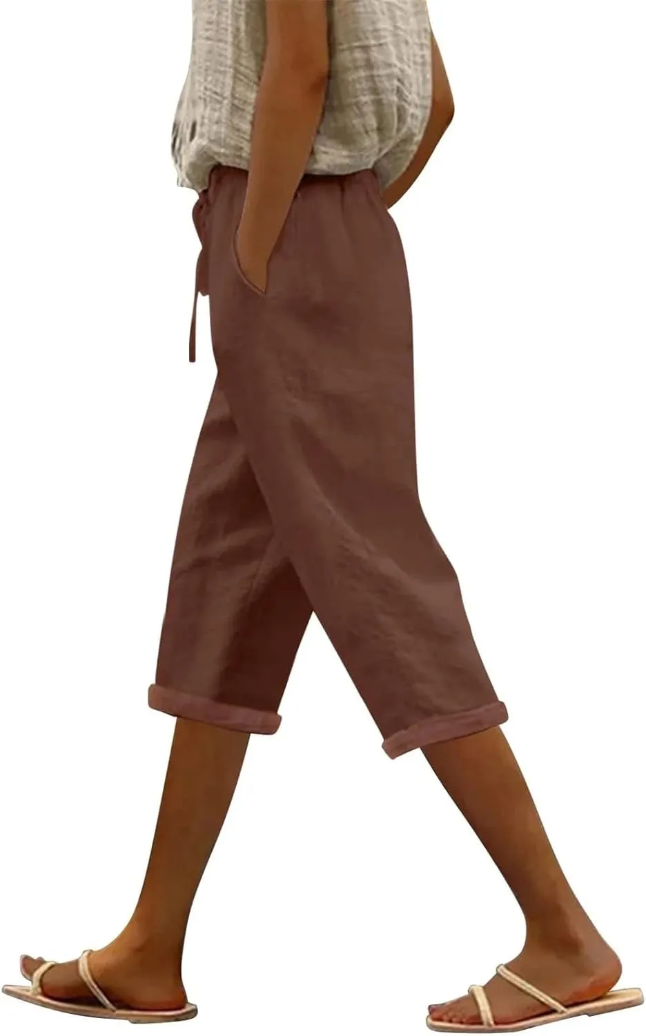 Capri Linen Pants for Women Summer Casual Lightweight Cropped Pant Plus Size Drawstring Trousers with Pockets