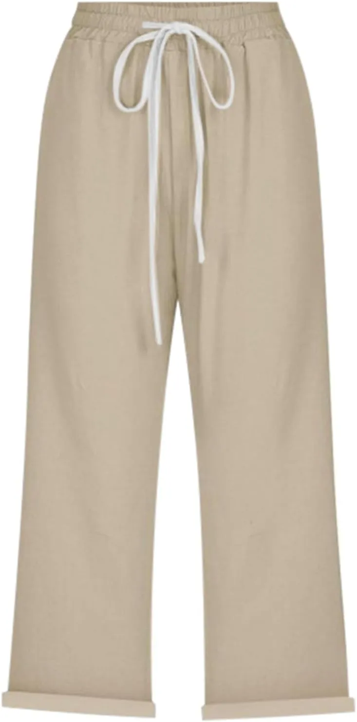 Capri Linen Pants for Women Summer Casual Lightweight Cropped Pant Plus Size Drawstring Trousers with Pockets