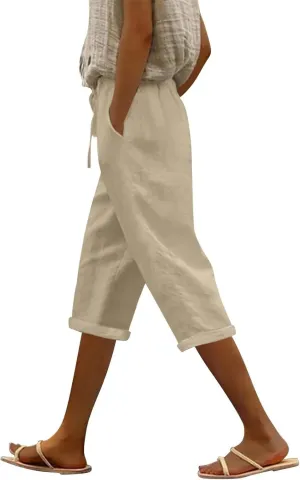 Capri Linen Pants for Women Summer Casual Lightweight Cropped Pant Plus Size Drawstring Trousers with Pockets