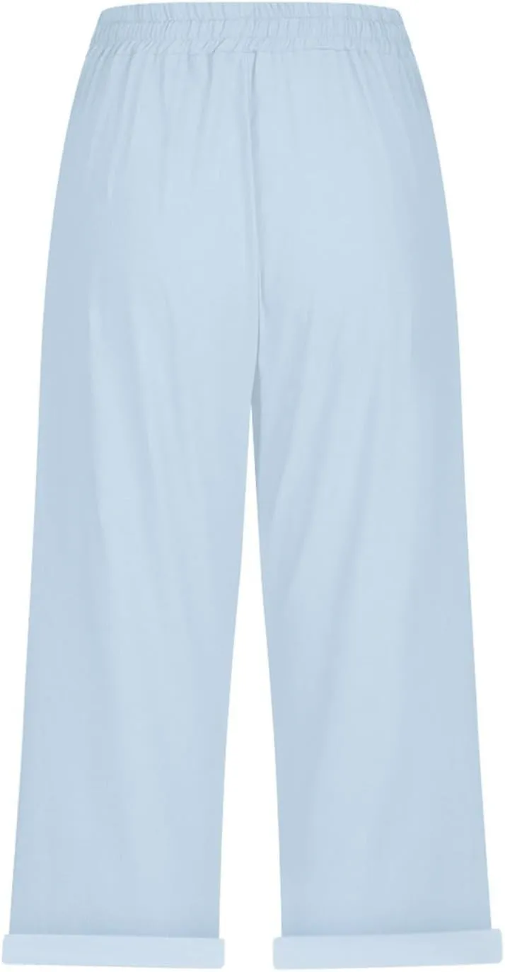 Capri Linen Pants for Women Summer Casual Lightweight Cropped Pant Plus Size Drawstring Trousers with Pockets