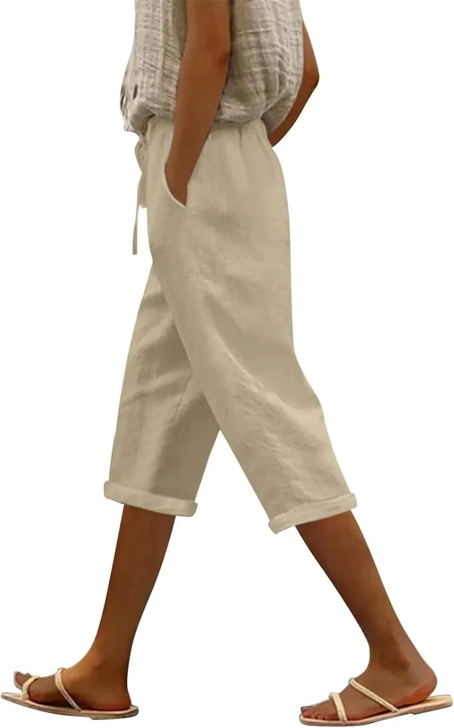 Capri Linen Pants for Women Summer Casual Lightweight Cropped Pant Plus Size Drawstring Trousers with Pockets