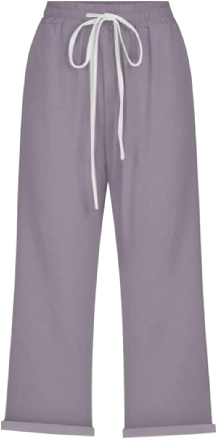 Capri Linen Pants for Women Summer Casual Lightweight Cropped Pant Plus Size Drawstring Trousers with Pockets