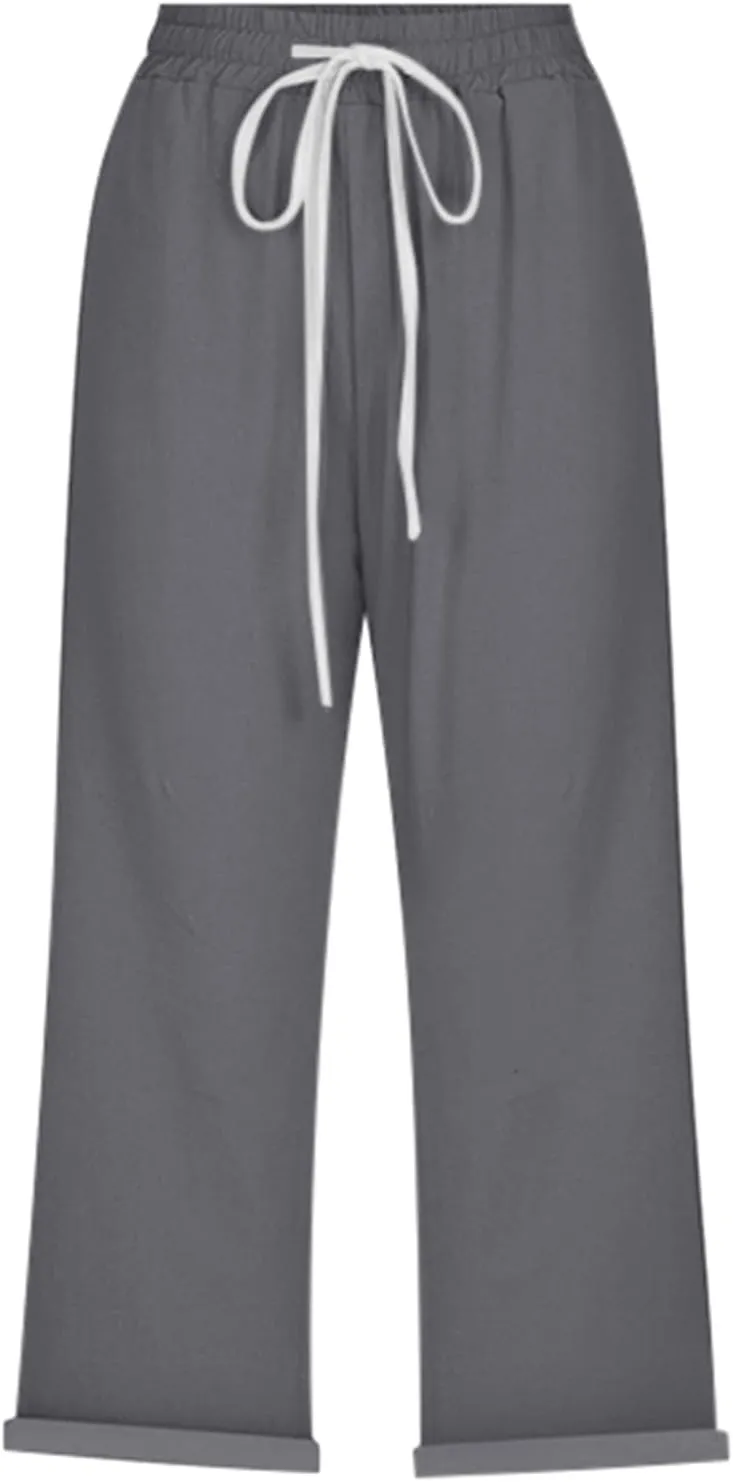 Capri Linen Pants for Women Summer Casual Lightweight Cropped Pant Plus Size Drawstring Trousers with Pockets
