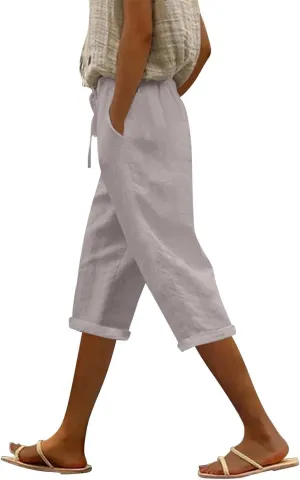 Capri Linen Pants for Women Summer Casual Lightweight Cropped Pant Plus Size Drawstring Trousers with Pockets