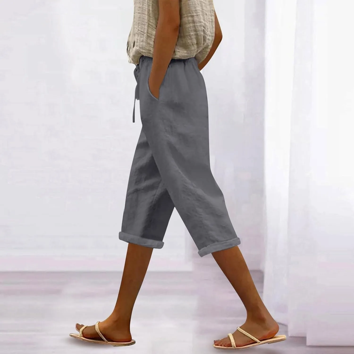 Capri Linen Pants for Women Summer Casual Lightweight Cropped Pant Plus Size Drawstring Trousers with Pockets