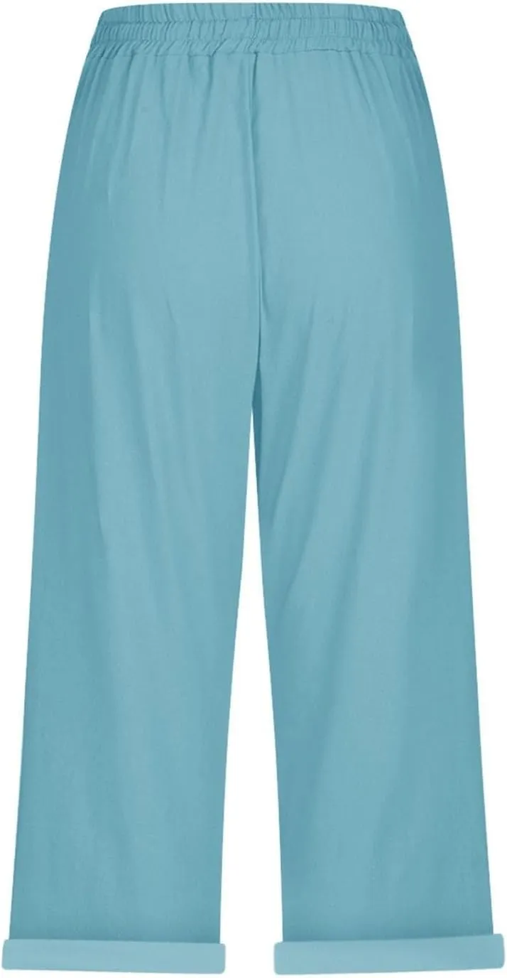 Capri Linen Pants for Women Summer Casual Lightweight Cropped Pant Plus Size Drawstring Trousers with Pockets