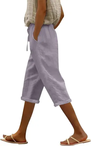 Capri Linen Pants for Women Summer Casual Lightweight Cropped Pant Plus Size Drawstring Trousers with Pockets