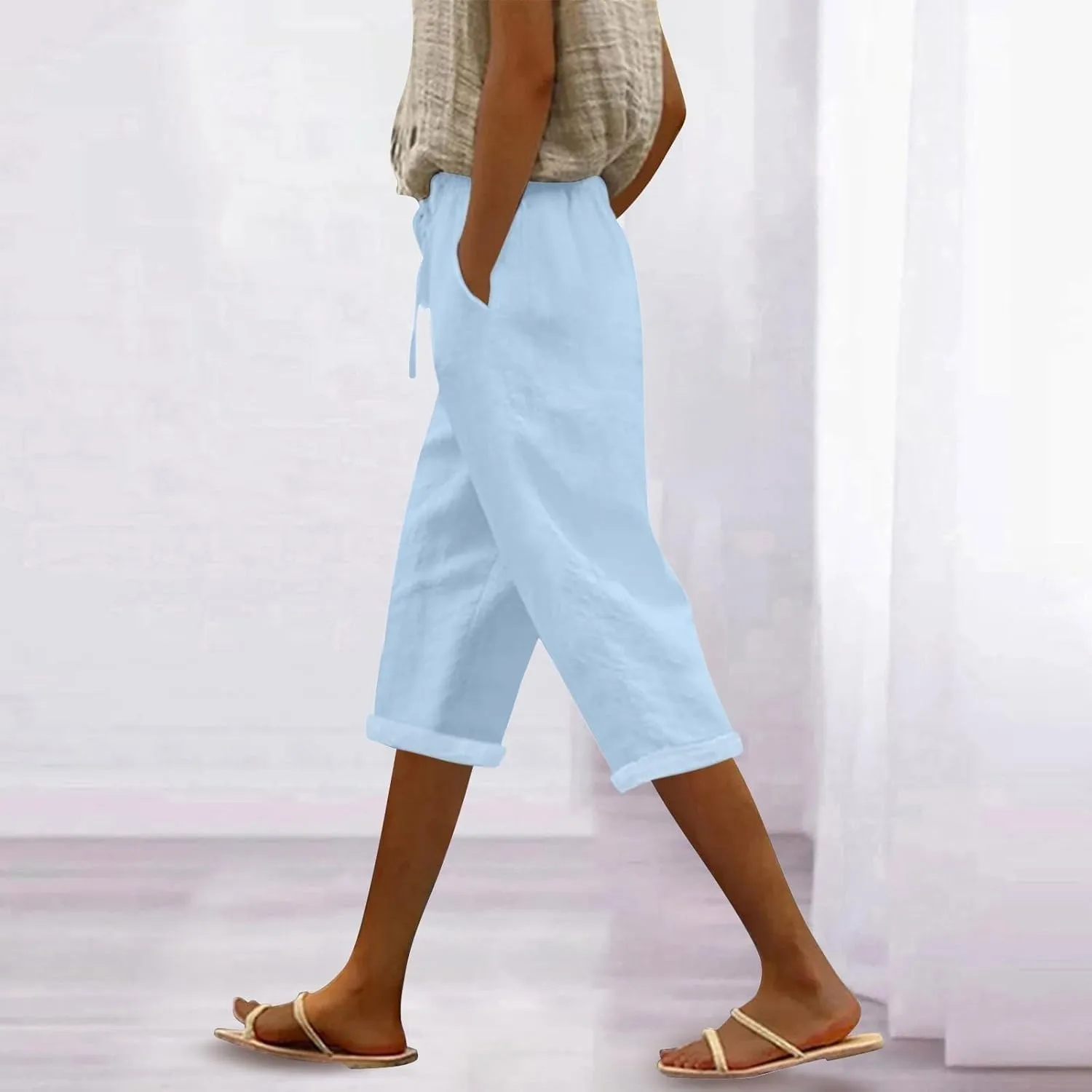 Capri Linen Pants for Women Summer Casual Lightweight Cropped Pant Plus Size Drawstring Trousers with Pockets