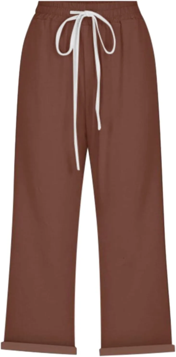 Capri Linen Pants for Women Summer Casual Lightweight Cropped Pant Plus Size Drawstring Trousers with Pockets