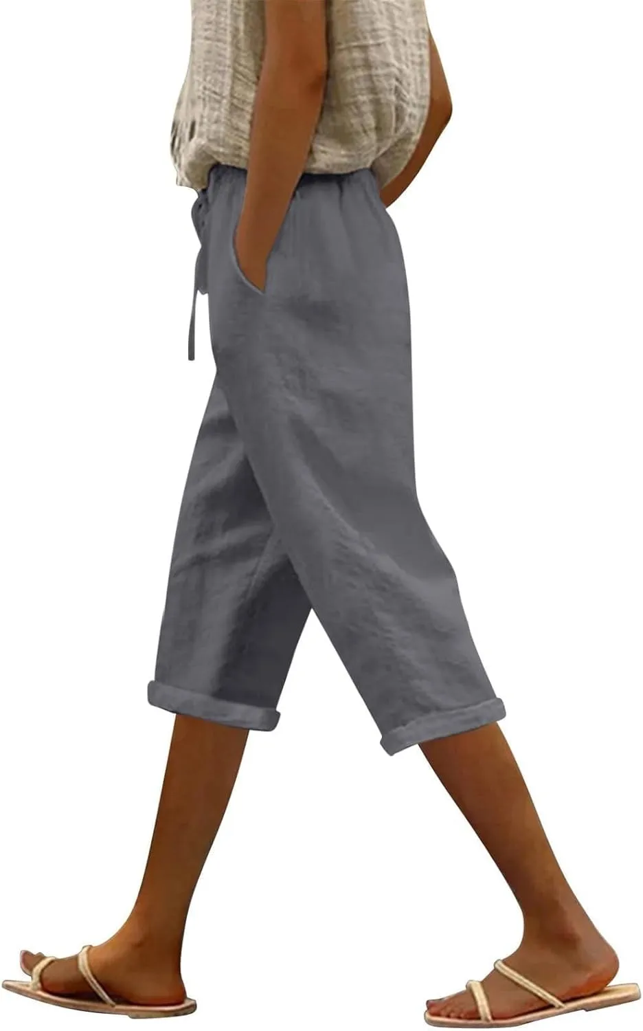 Capri Linen Pants for Women Summer Casual Lightweight Cropped Pant Plus Size Drawstring Trousers with Pockets