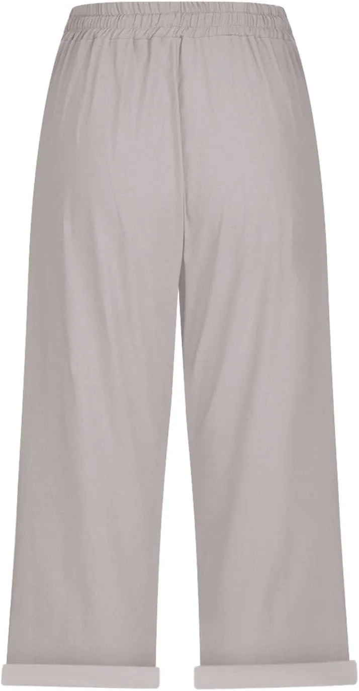 Capri Linen Pants for Women Summer Casual Lightweight Cropped Pant Plus Size Drawstring Trousers with Pockets