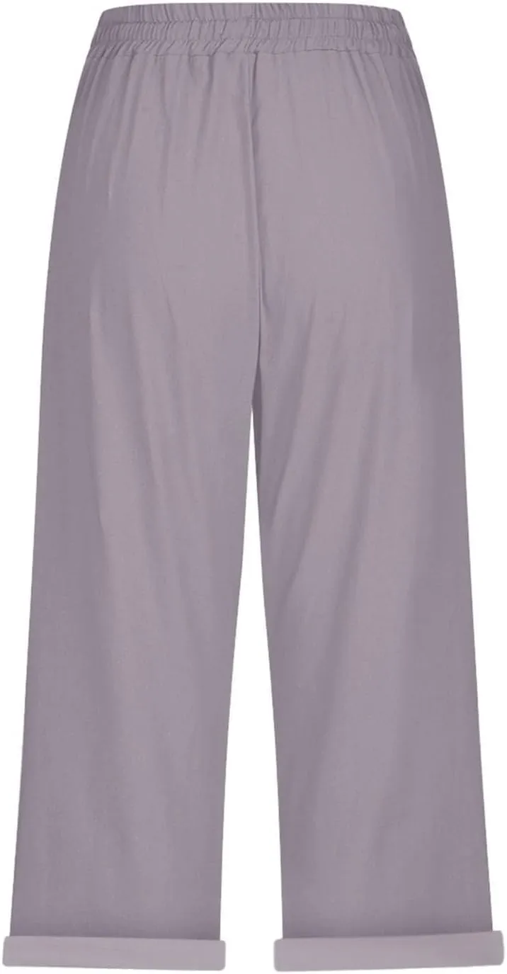 Capri Linen Pants for Women Summer Casual Lightweight Cropped Pant Plus Size Drawstring Trousers with Pockets