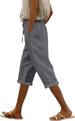 Capri Linen Pants for Women Summer Casual Lightweight Cropped Pant Plus Size Drawstring Trousers with Pockets