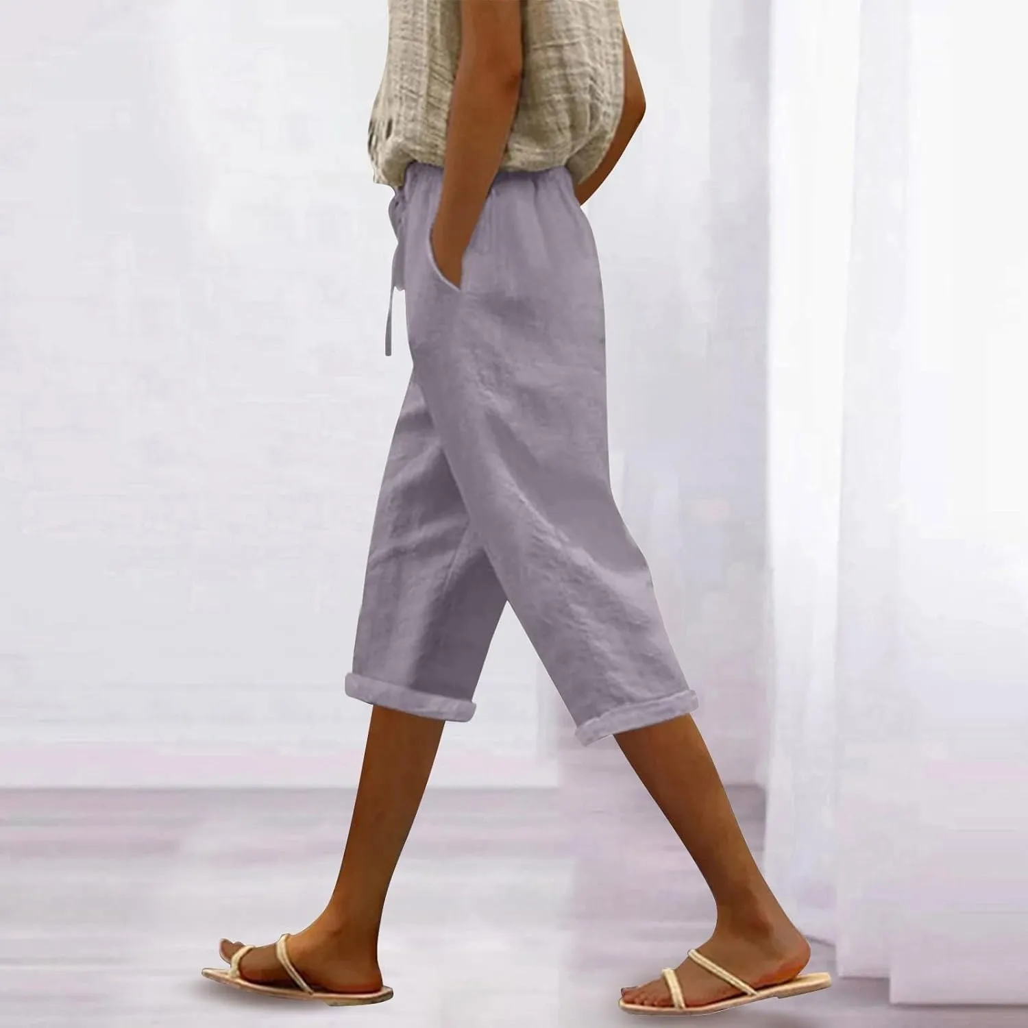 Capri Linen Pants for Women Summer Casual Lightweight Cropped Pant Plus Size Drawstring Trousers with Pockets