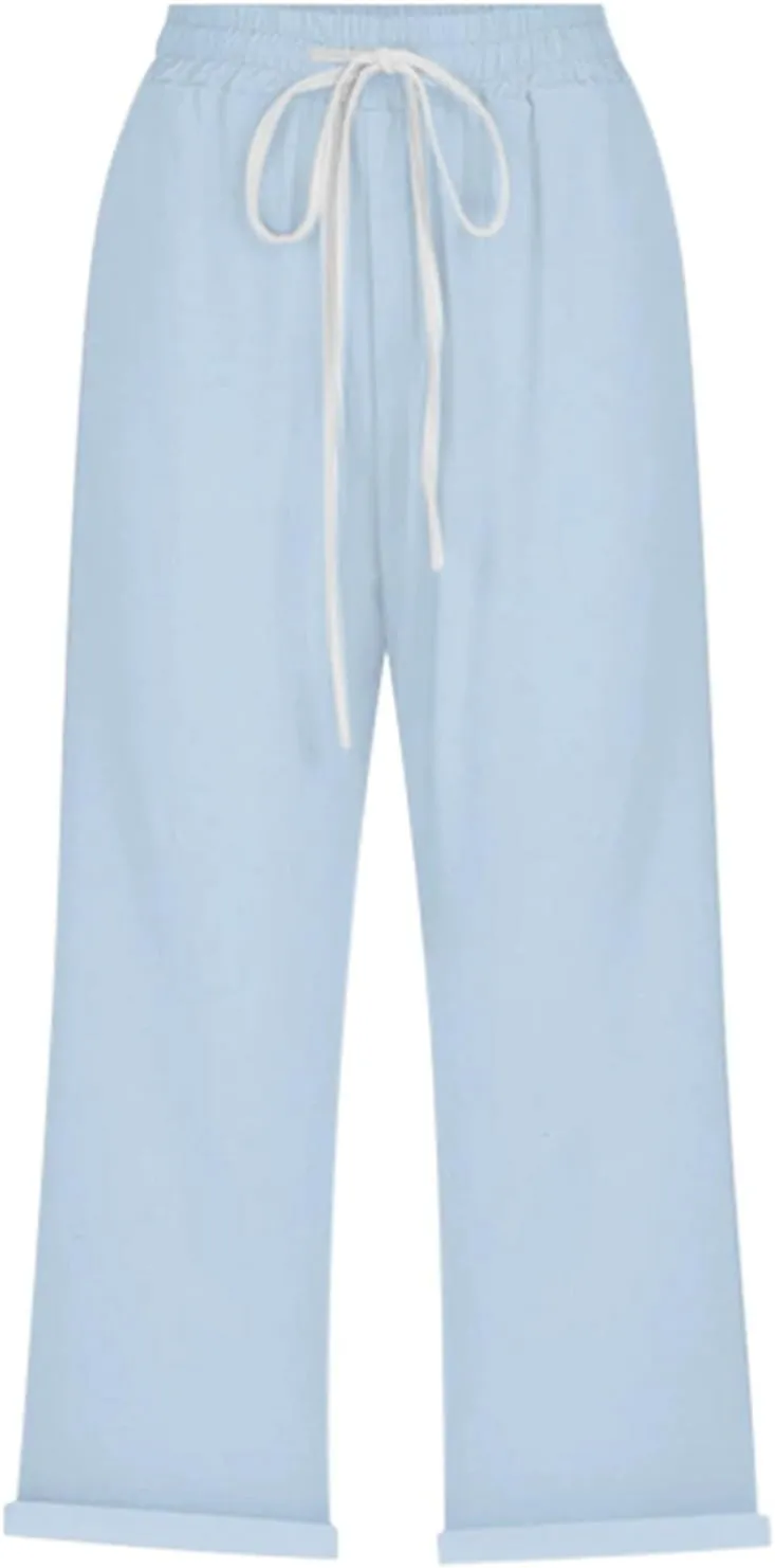 Capri Linen Pants for Women Summer Casual Lightweight Cropped Pant Plus Size Drawstring Trousers with Pockets