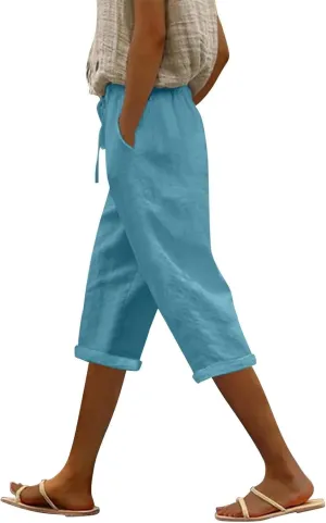 Capri Linen Pants for Women Summer Casual Lightweight Cropped Pant Plus Size Drawstring Trousers with Pockets