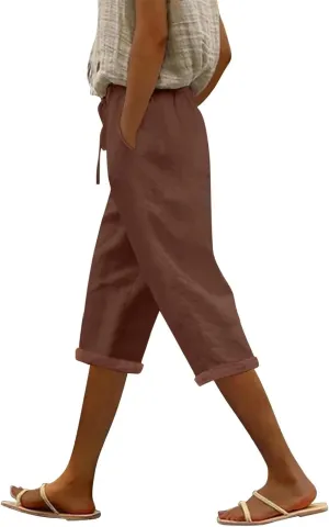 Capri Linen Pants for Women Summer Casual Lightweight Cropped Pant Plus Size Drawstring Trousers with Pockets