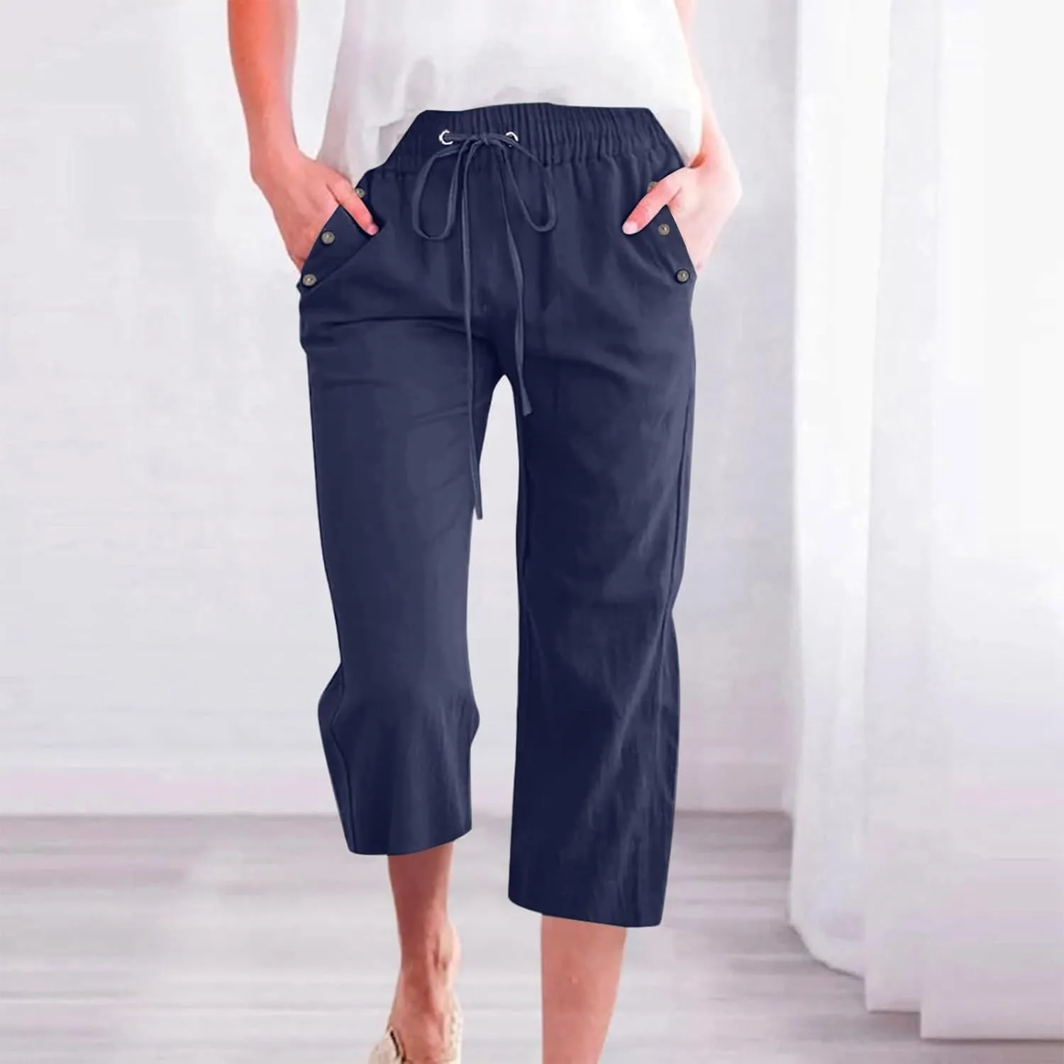 Capri Pants for Women 2025 Summer - Cotton Linen Wide Leg Cropped Trouser, Elastic Waist & Drawstring