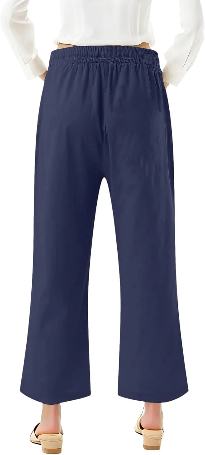 Capri Pants for Women 2025 Summer - Cotton Linen Wide Leg Cropped Trouser, Elastic Waist & Drawstring