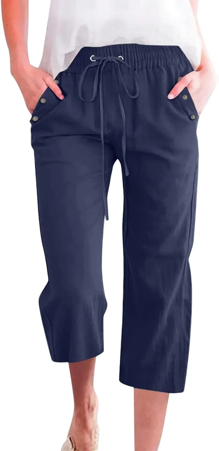 Capri Pants for Women 2025 Summer - Cotton Linen Wide Leg Cropped Trouser, Elastic Waist & Drawstring
