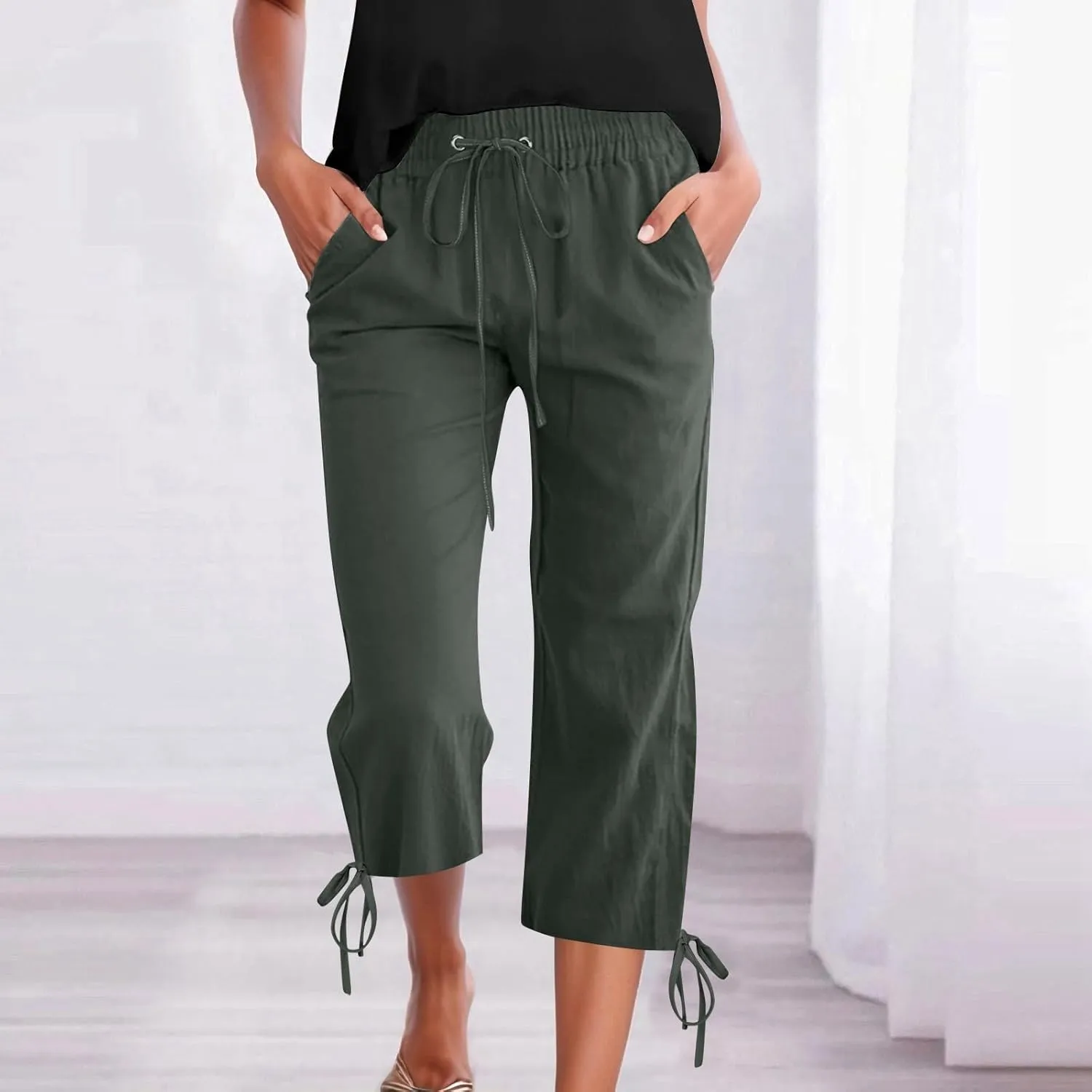 Capri Pants for Women 2025 Summer Drawstring High Waist Linen Pant Casual Straight Wide Leg Cropped Trouser Pockets