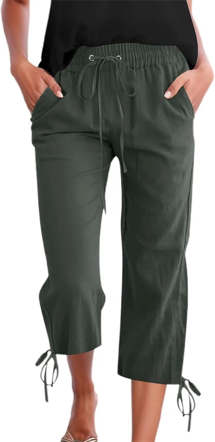 Capri Pants for Women 2025 Summer Drawstring High Waist Linen Pant Casual Straight Wide Leg Cropped Trouser Pockets