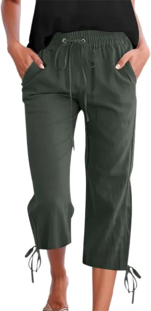 Capri Pants for Women 2025 Summer Drawstring High Waist Linen Pant Casual Straight Wide Leg Cropped Trouser Pockets