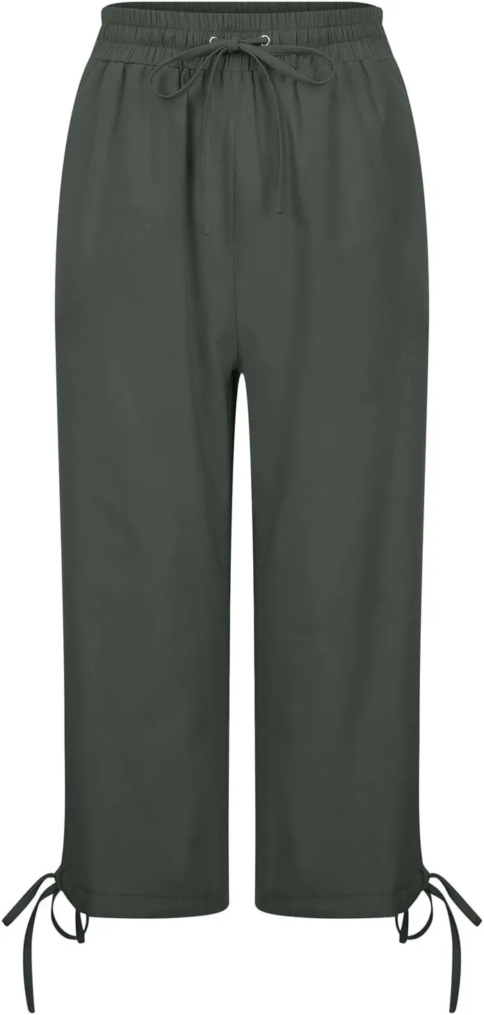 Capri Pants for Women 2025 Summer Drawstring High Waist Linen Pant Casual Straight Wide Leg Cropped Trouser Pockets