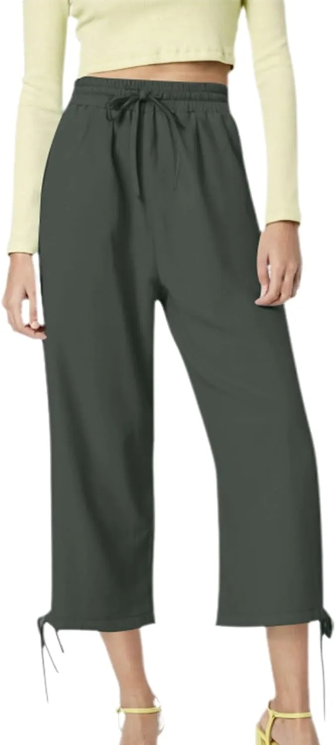 Capri Pants for Women 2025 Summer Drawstring High Waist Linen Pant Casual Straight Wide Leg Cropped Trouser Pockets