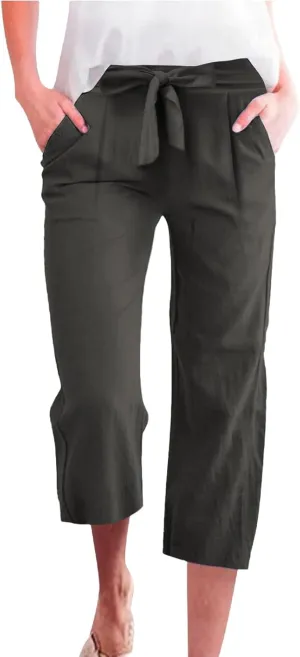 Capri Pants for Women Casual Cotton Linen Capris Summer 2025 Straight Leg Drawstring Elastic Waist Cropped Trouser