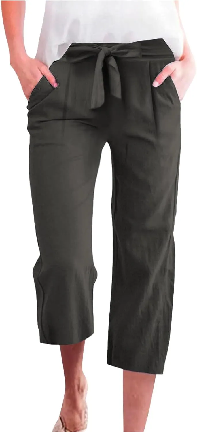 Capri Pants for Women Casual Cotton Linen Capris Summer 2025 Straight Leg Drawstring Elastic Waist Cropped Trouser