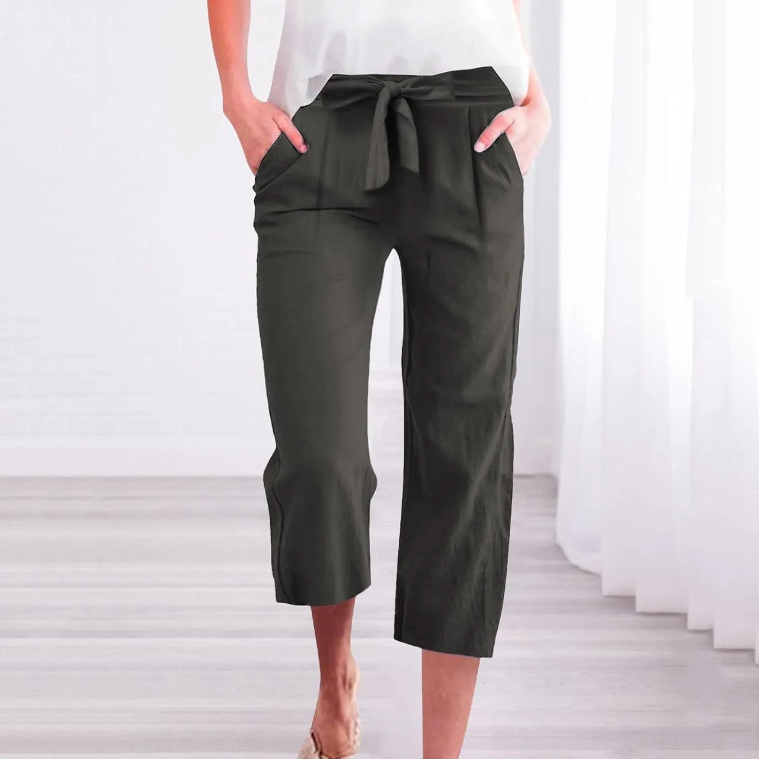 Capri Pants for Women Casual Cotton Linen Capris Summer 2025 Straight Leg Drawstring Elastic Waist Cropped Trouser