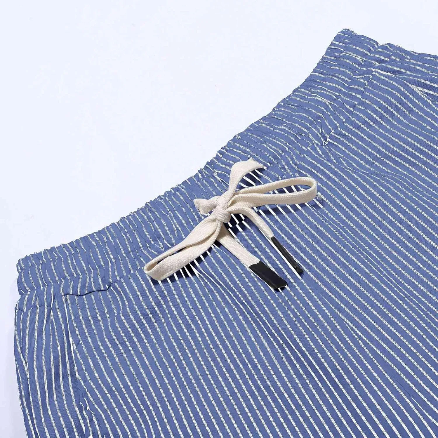 Capri Pants for Women Casual Striped Linen Pants Loose Fit Drawstring Trousers High Waist Cropped Trousers