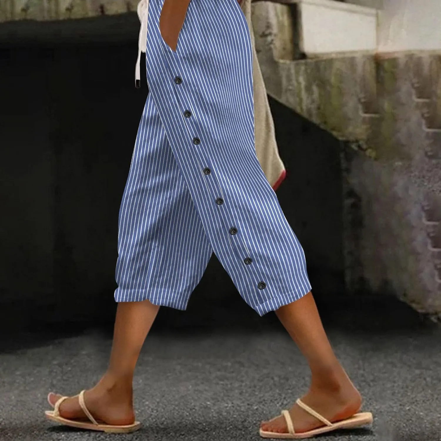 Capri Pants for Women Casual Striped Linen Pants Loose Fit Drawstring Trousers High Waist Cropped Trousers