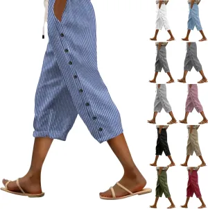 Capri Pants for Women Casual Striped Linen Pants Loose Fit Drawstring Trousers High Waist Cropped Trousers