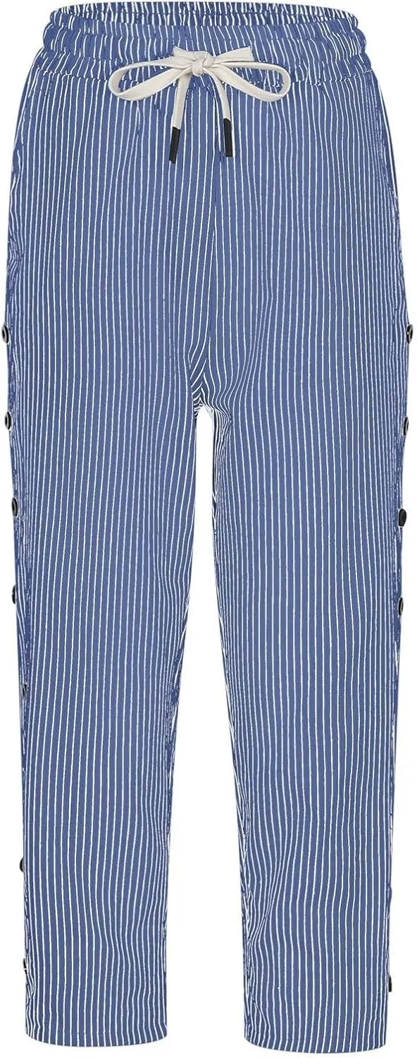 Capri Pants for Women Casual Striped Linen Pants Loose Fit Drawstring Trousers High Waist Cropped Trousers