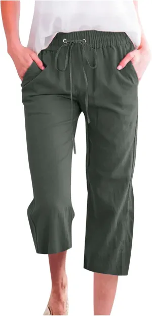 Capri Pants for Women Casual Summer Cotton Linen Capris Drawstring Elastic High Waist Pants Wide Leg Cropped Trouser 2025 New