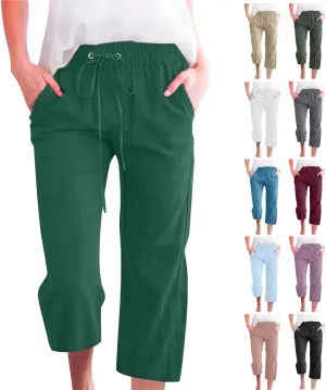 Capri Pants for Women Casual Summer Cotton Linen Capris Drawstring Elastic High Waist Pants Wide Leg Cropped Trouser 2025 New