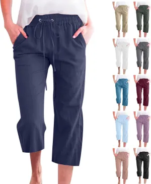 Capri Pants for Women Casual Summer Cotton Linen Capris Drawstring Elastic High Waist Pants Wide Leg Cropped Trouser 2025 New
