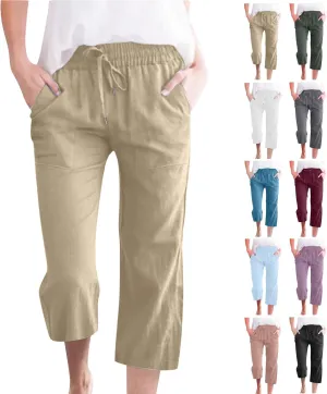 Capri Pants for Women Casual Summer Cotton Linen Capris Drawstring Elastic High Waist Pants Wide Leg Cropped Trouser 2025 New