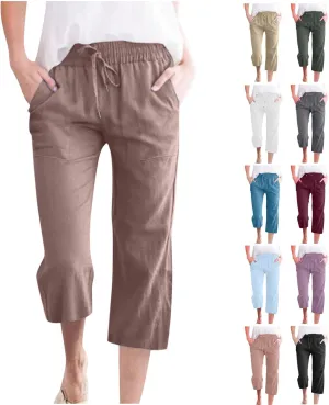 Capri Pants for Women Casual Summer Cotton Linen Capris Drawstring Elastic High Waist Pants Wide Leg Cropped Trouser 2025 New