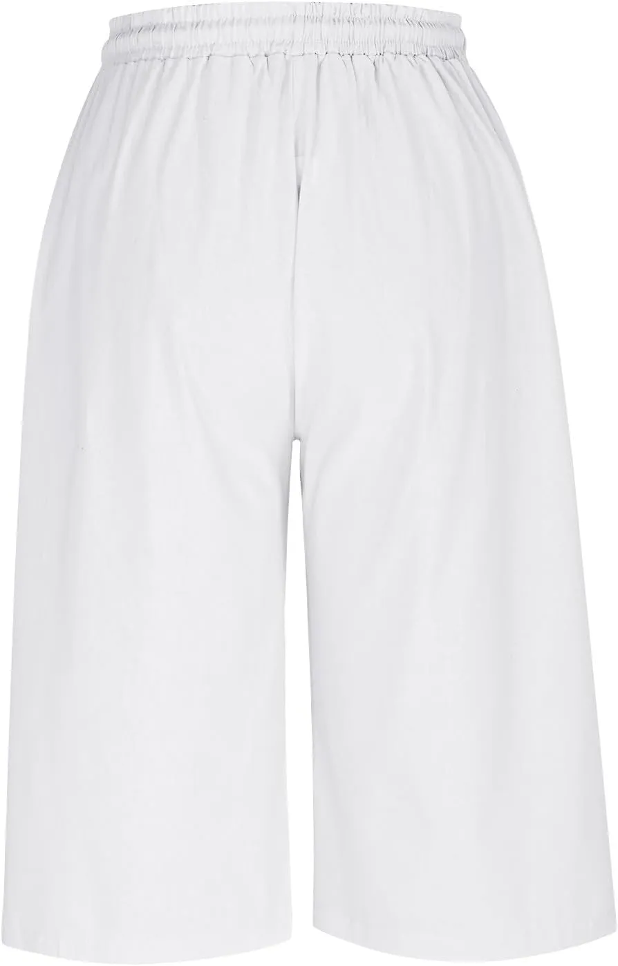 Capri Pants for Women Casual Summer Cotton Linen Capris Elastic High Waist Pants Wide Leg Cropped Trousers
