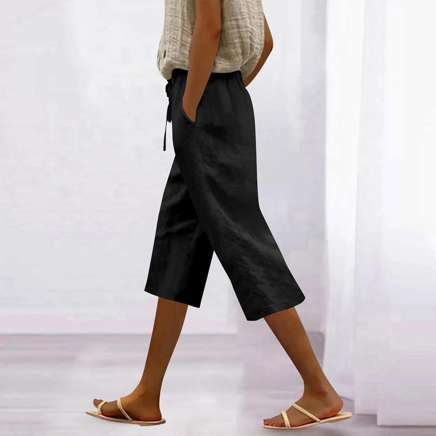 Capri Pants for Women Casual Summer Cotton Linen Capris Elastic High Waist Pants Wide Leg Cropped Trousers
