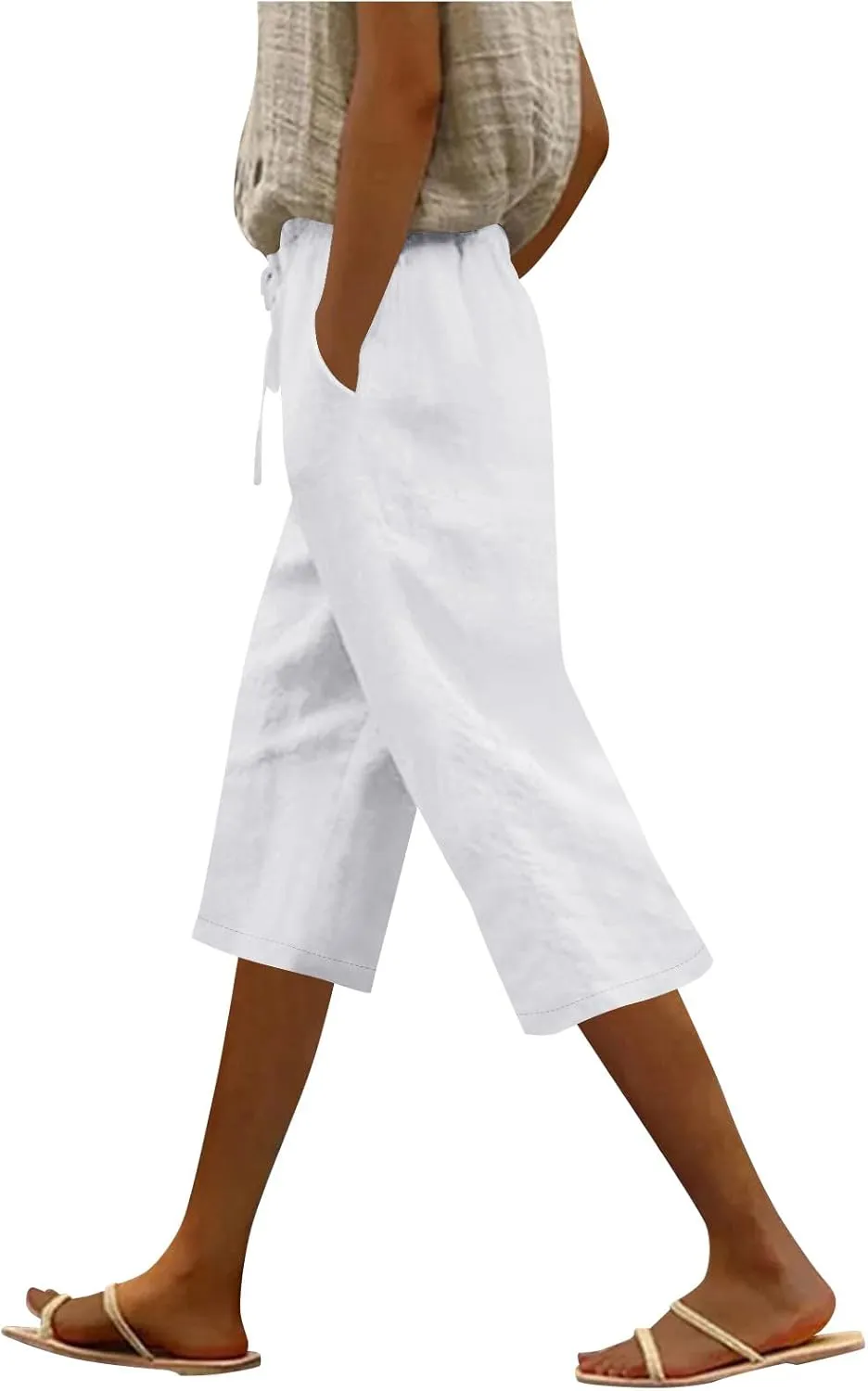 Capri Pants for Women Casual Summer Cotton Linen Capris Elastic High Waist Pants Wide Leg Cropped Trousers