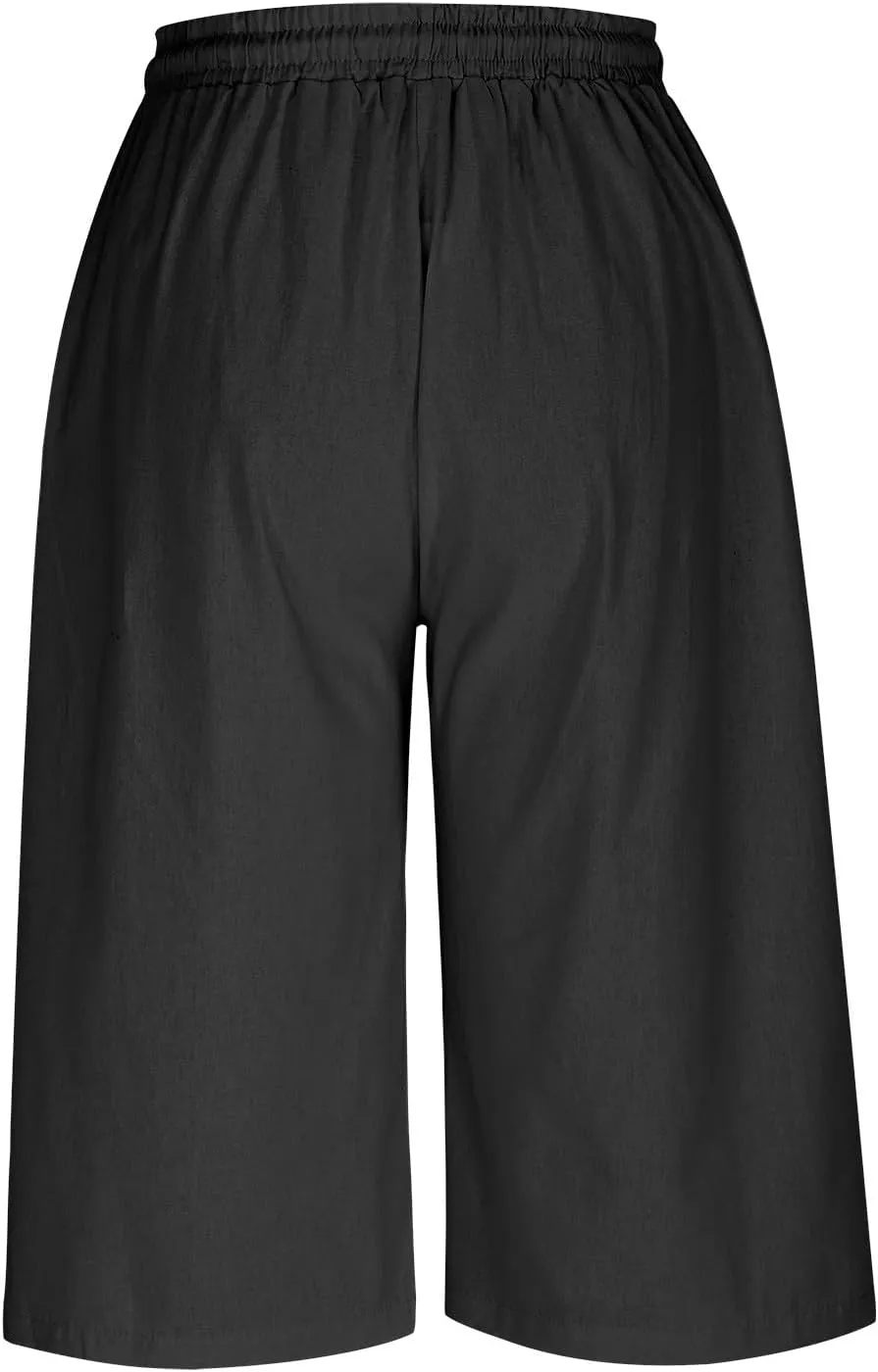 Capri Pants for Women Casual Summer Cotton Linen Capris Elastic High Waist Pants Wide Leg Cropped Trousers