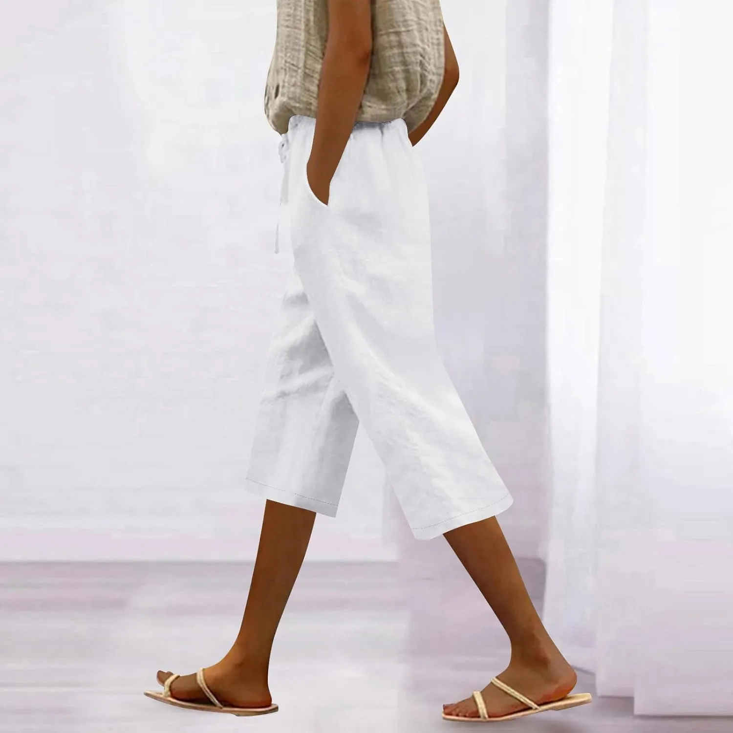 Capri Pants for Women Casual Summer Cotton Linen Capris Elastic High Waist Pants Wide Leg Cropped Trousers